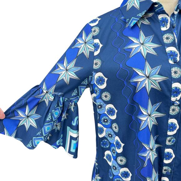 La Double J Choux Costiera Blue Print Flounce Cotton Poplin Mini Shirt Dress - Picture 9 of 16